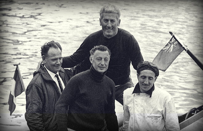 The Avvocato with a group of technicians on a ski boat designed by Renato “Sonny” Levi.