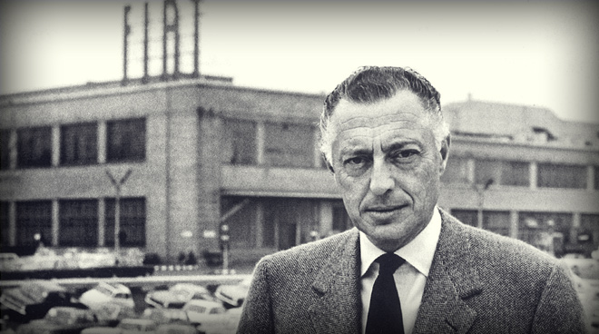 Gianni poses for a photographic shoot  in front of the Mirafiori plant, the factory built by his grandfather.