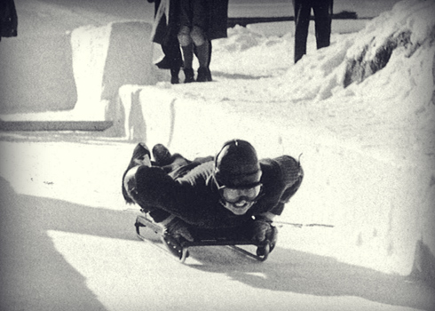Gianni in a Skeleton race on the Cresta Run  ski slope.